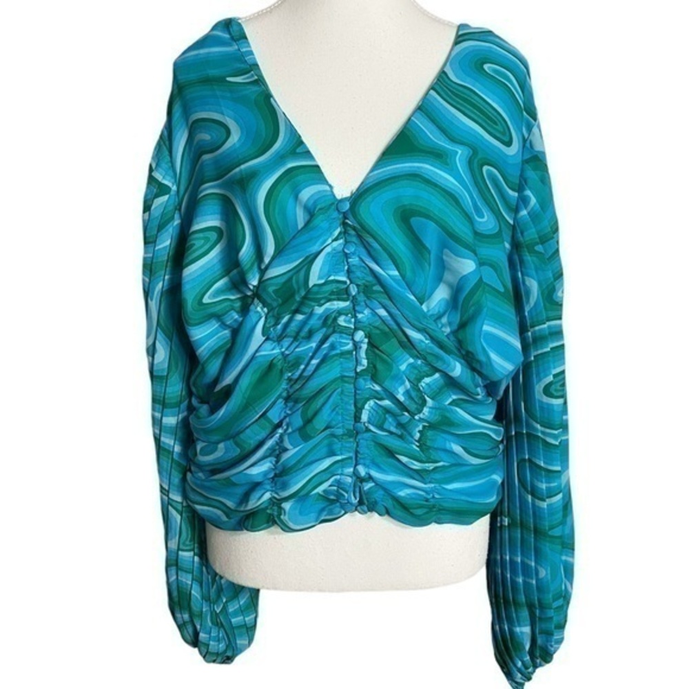 Ashley Stewart Abstract Plisse Puff Sleeve Top